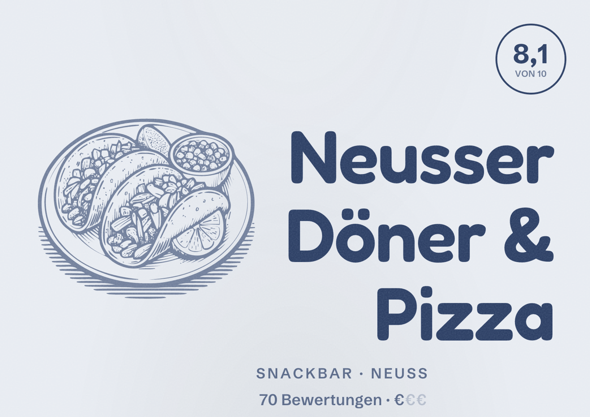 Illustriertes Poster von Neusser Döner & Pizza, Snackbar in Neuss: Bewertung 8,1 von 10 aus 70 Bewertungen, Preisniveau €