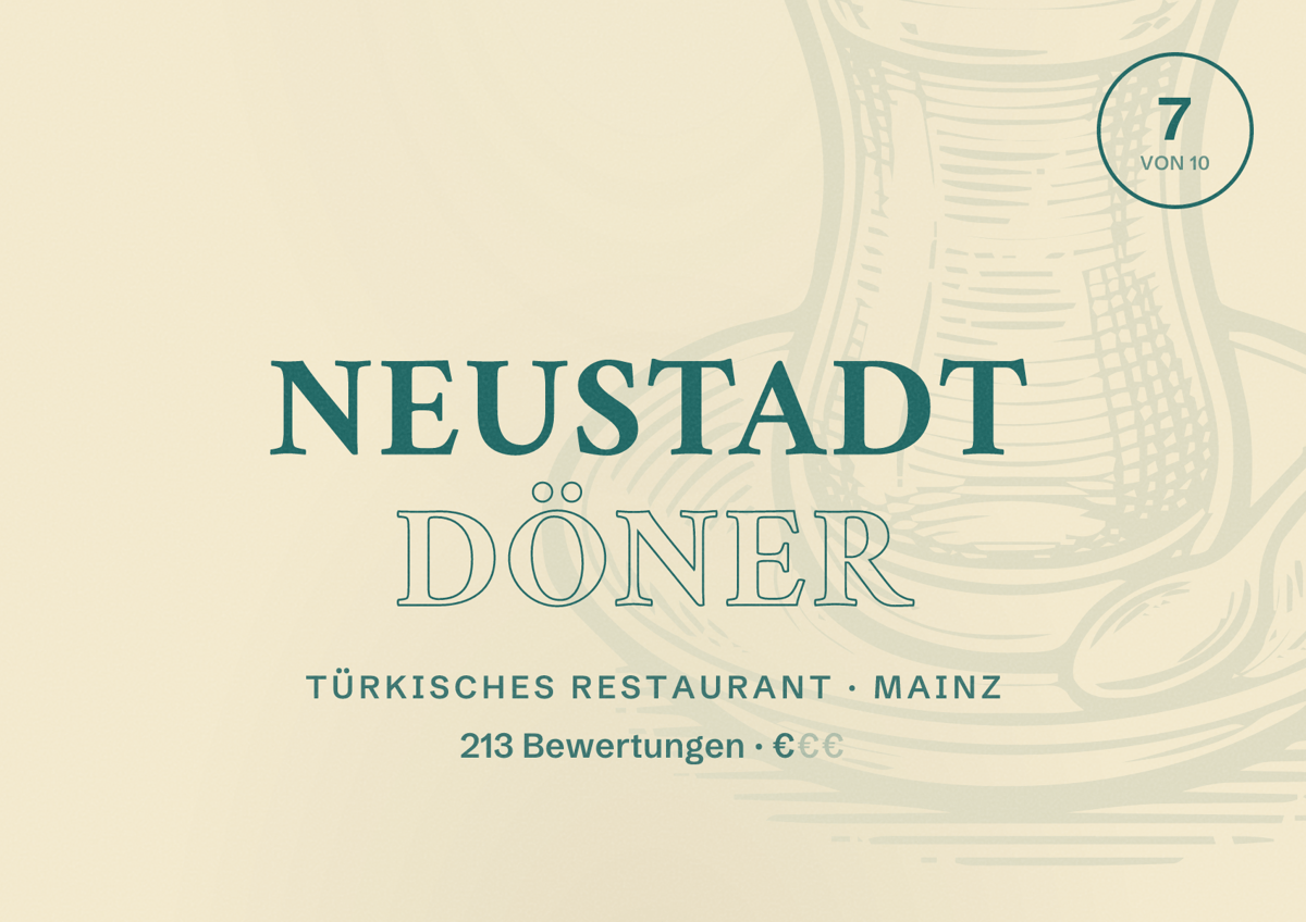 Illustriertes Poster von Neustadt Döner, Türkisches Restaurant in Mainz: Bewertung 7,0 von 10 aus 213 Bewertungen, Preisniveau €