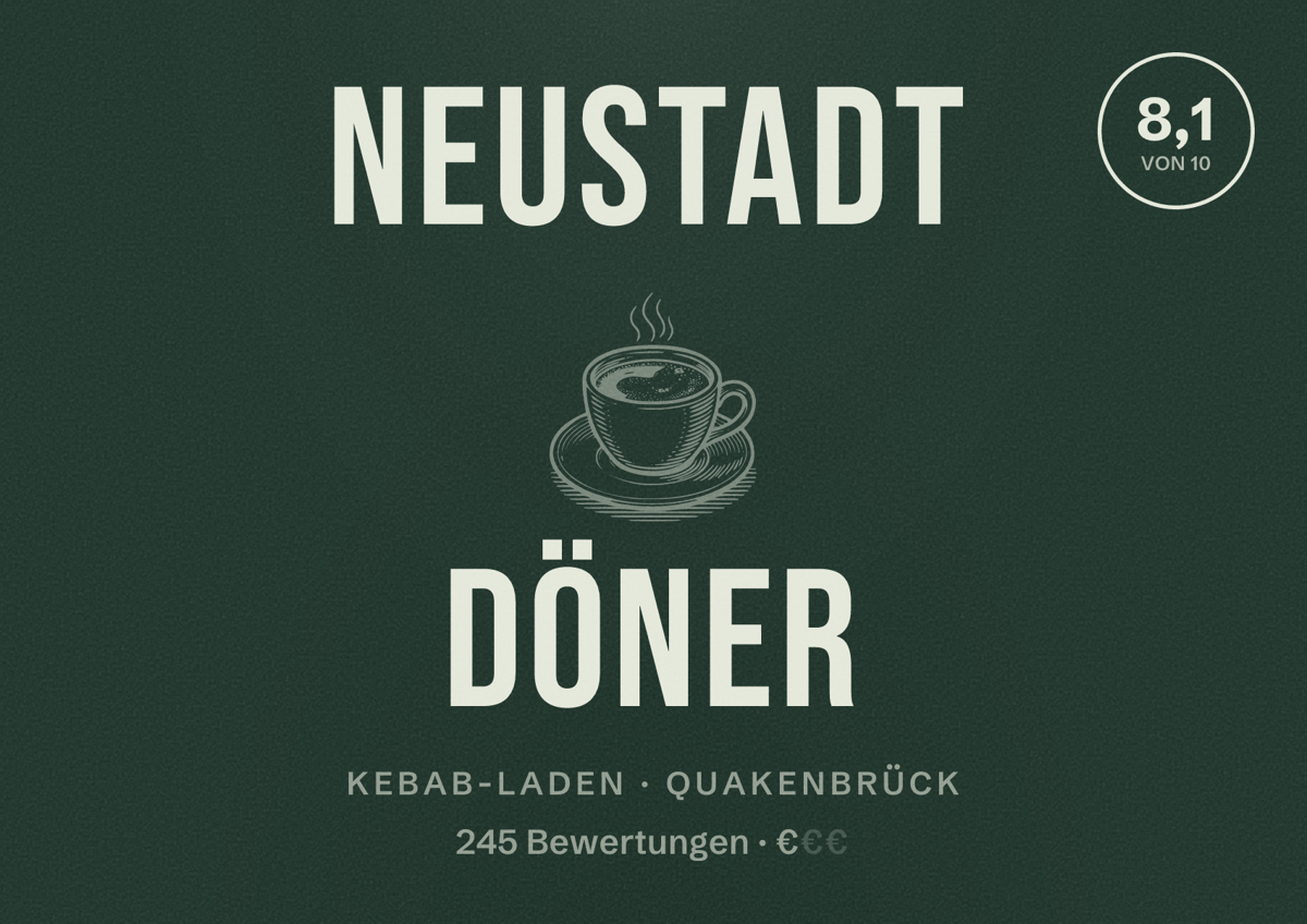 Illustriertes Poster von Neustadt Döner, Kebab-Laden in Quakenbrück: Bewertung 8,1 von 10 aus 245 Bewertungen, Preisniveau €