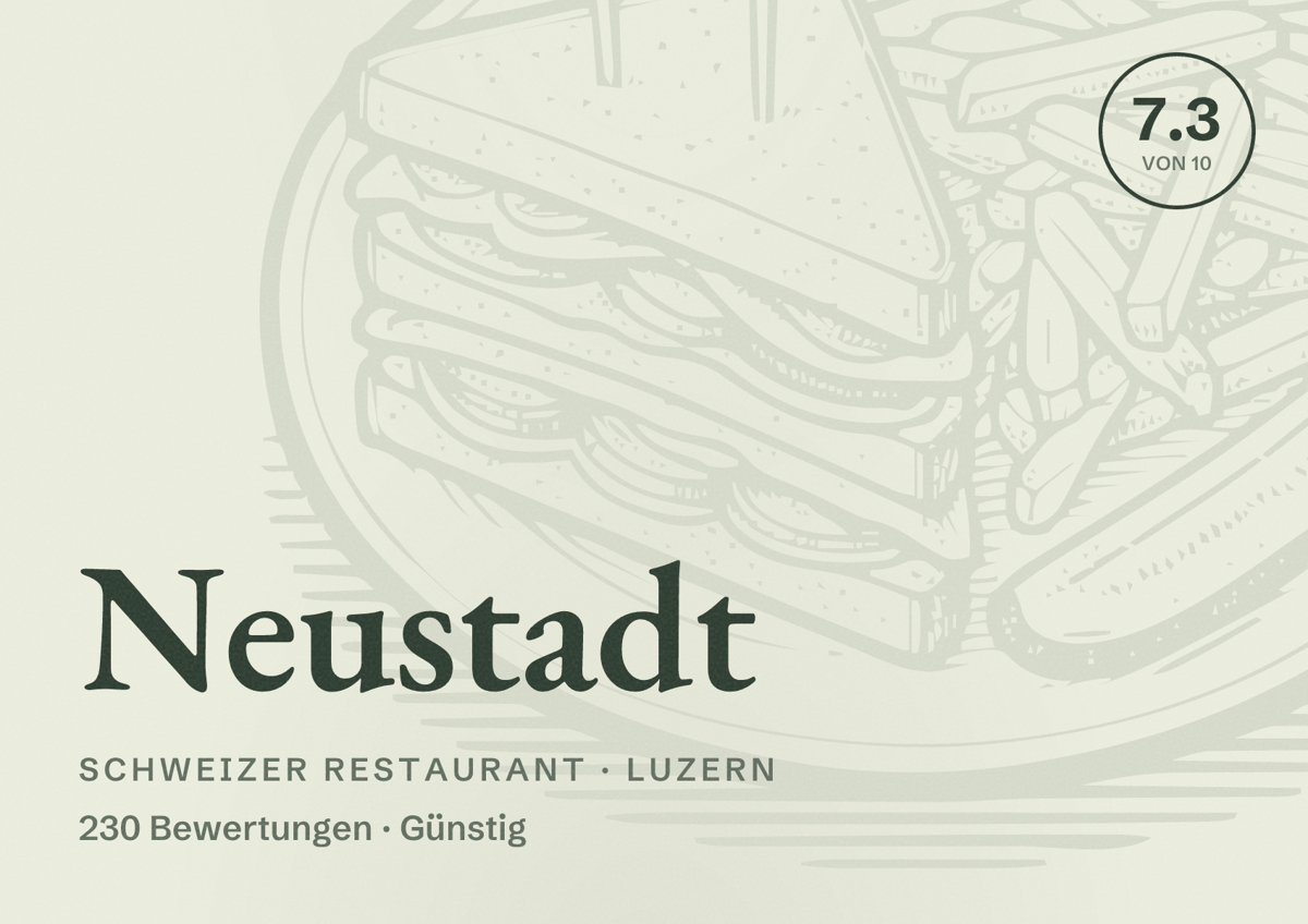 Illustriertes Poster von Neustadt, Schweizer Restaurant in Luzern: Bewertung 7.3 von 10 aus 230 Bewertungen, Preisniveau Günstig