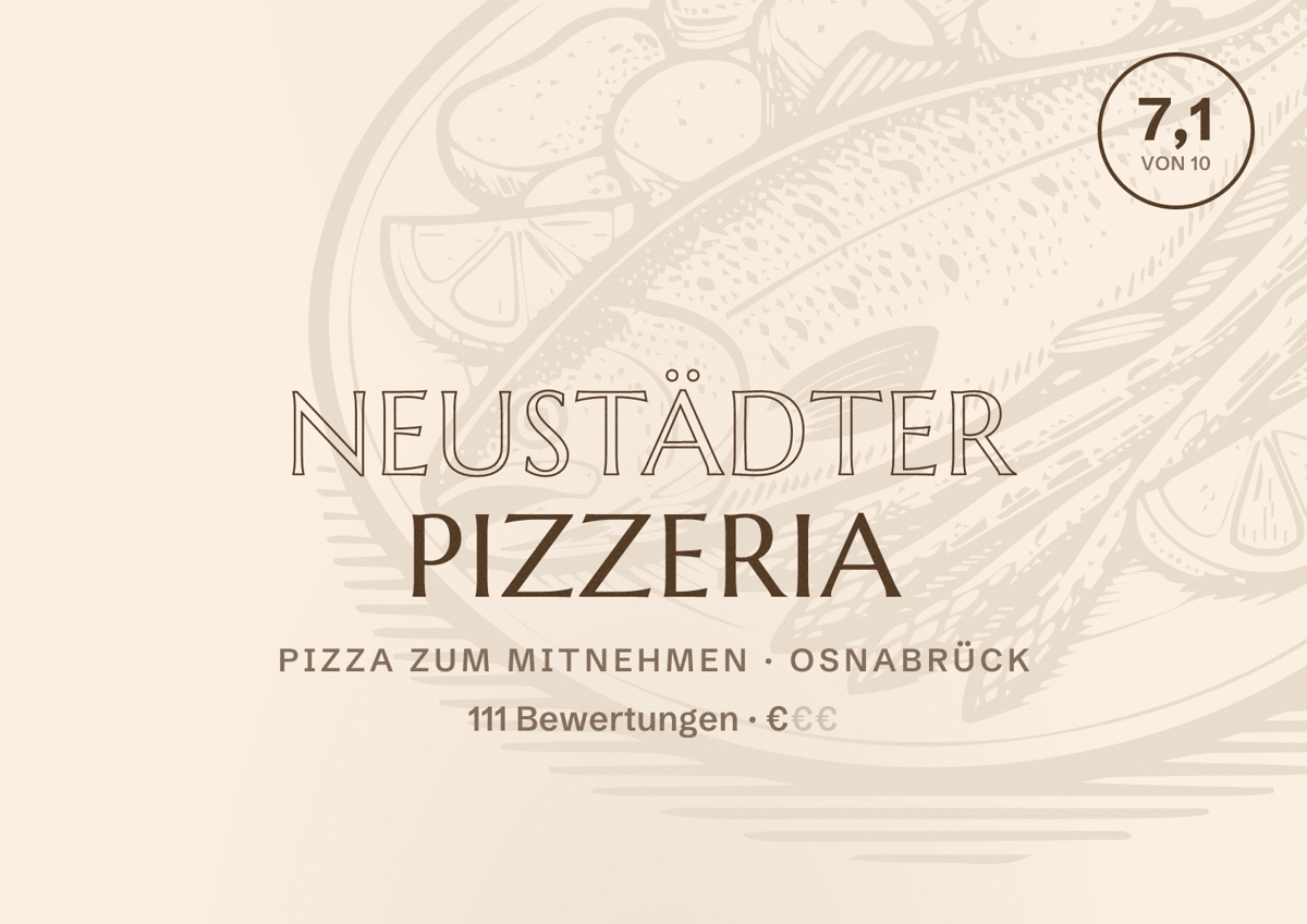 Illustriertes Poster von Neustädter Pizzeria, Pizza zum Mitnehmen in Osnabrück: Bewertung 7,1 von 10 aus 111 Bewertungen, Preisniveau €