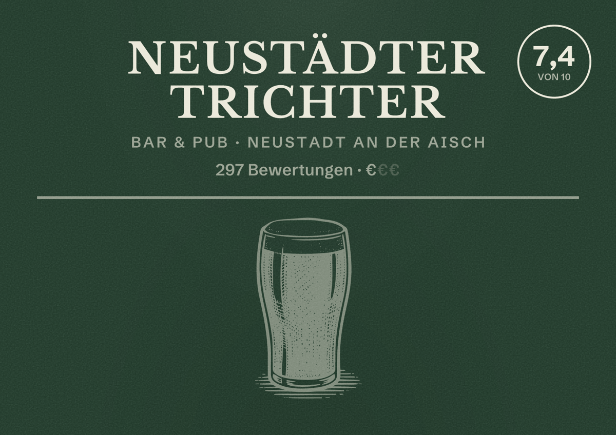 Illustriertes Poster von Neustädter Trichter, Bar & Pub in Neustadt an der Aisch: Bewertung 7,4 von 10 aus 297 Bewertungen, Preisniveau €
