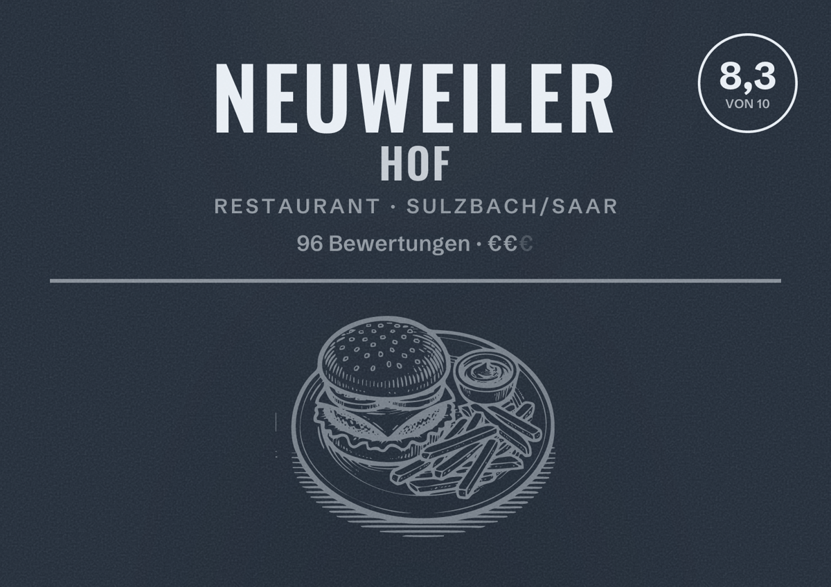 Illustriertes Poster von Neuweiler Hof, Restaurant in Sulzbach/Saar: Bewertung 8,3 von 10 aus 96 Bewertungen, Preisniveau €€