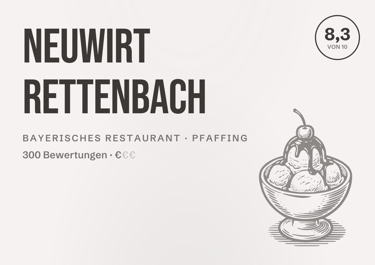 Illustriertes Poster von Neuwirt Rettenbach, Bayerisches Restaurant in Pfaffing: Bewertung 8,3 von 10 aus 300 Bewertungen, Preisniveau €