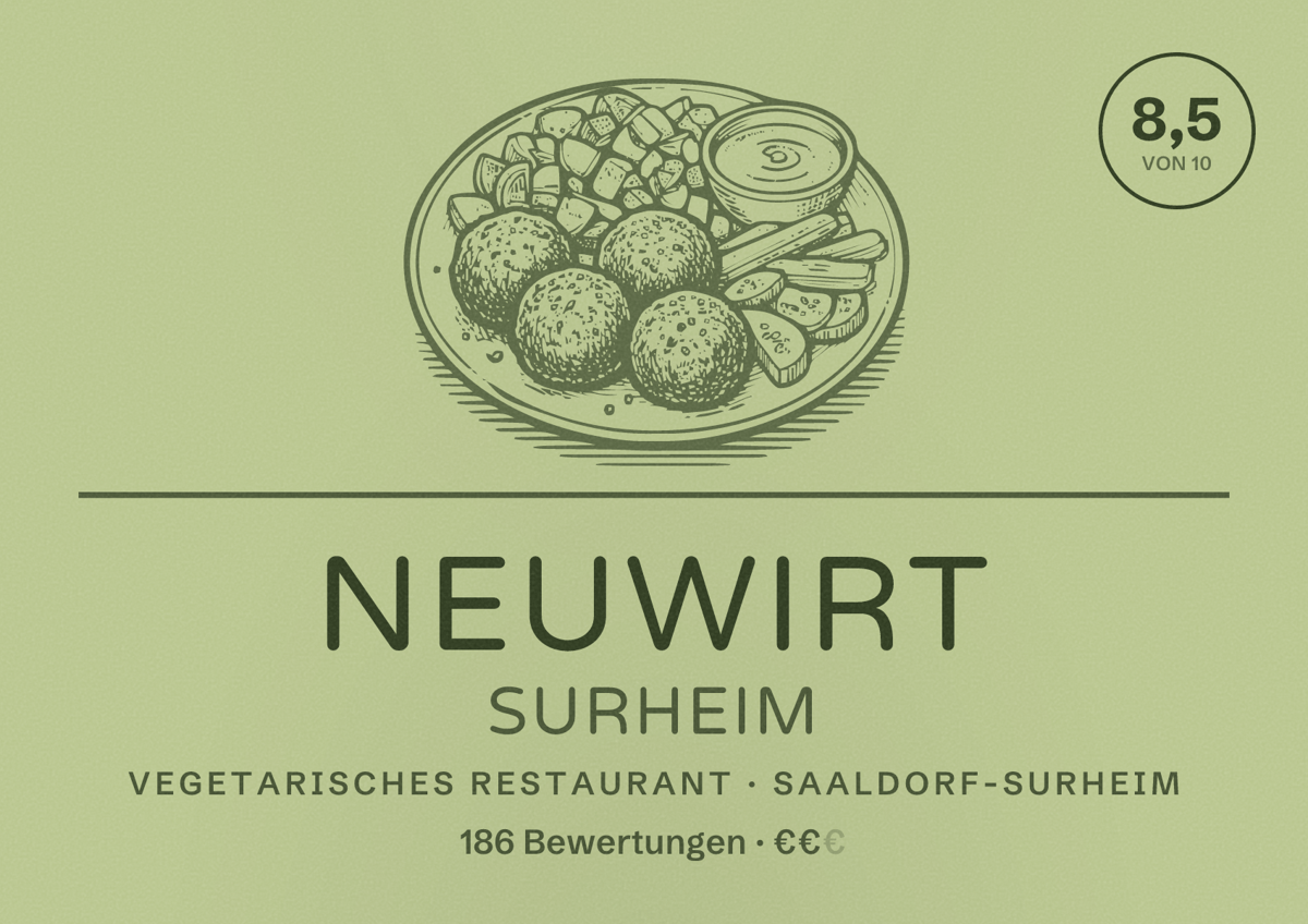 Illustriertes Poster von Neuwirt Surheim, Vegetarisches Restaurant in Saaldorf-Surheim: Bewertung 8,5 von 10 aus 186 Bewertungen, Preisniveau €€