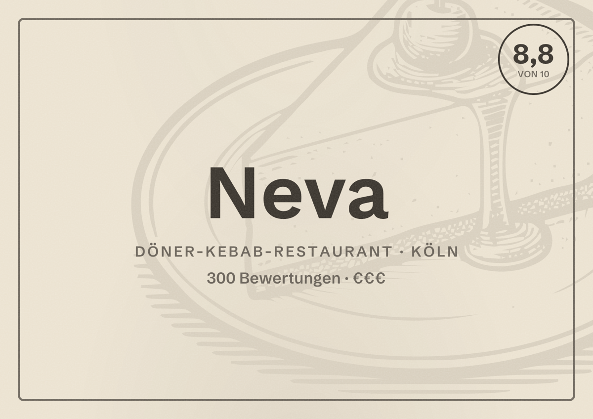 Illustriertes Poster von Neva, Döner-Kebab-Restaurant in Köln: Bewertung 8,8 von 10 aus 300 Bewertungen, Preisniveau €€€