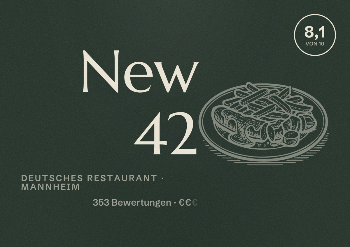 Illustriertes Poster von New 42, Deutsches Restaurant in Mannheim: Bewertung 8,1 von 10 aus 353 Bewertungen, Preisniveau €€
