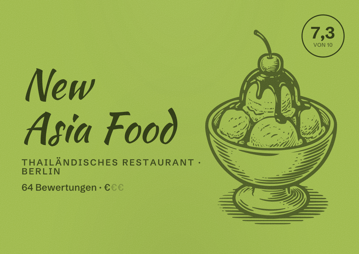 Illustriertes Poster von New Asia Food, Thailändisches Restaurant in Berlin: Bewertung 7,3 von 10 aus 64 Bewertungen, Preisniveau €
