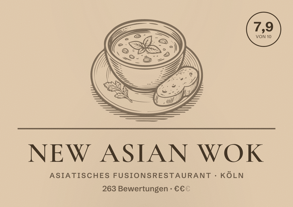 Illustriertes Poster von New Asian Wok, Asiatisches Fusionsrestaurant in Köln: Bewertung 7,9 von 10 aus 263 Bewertungen, Preisniveau €€