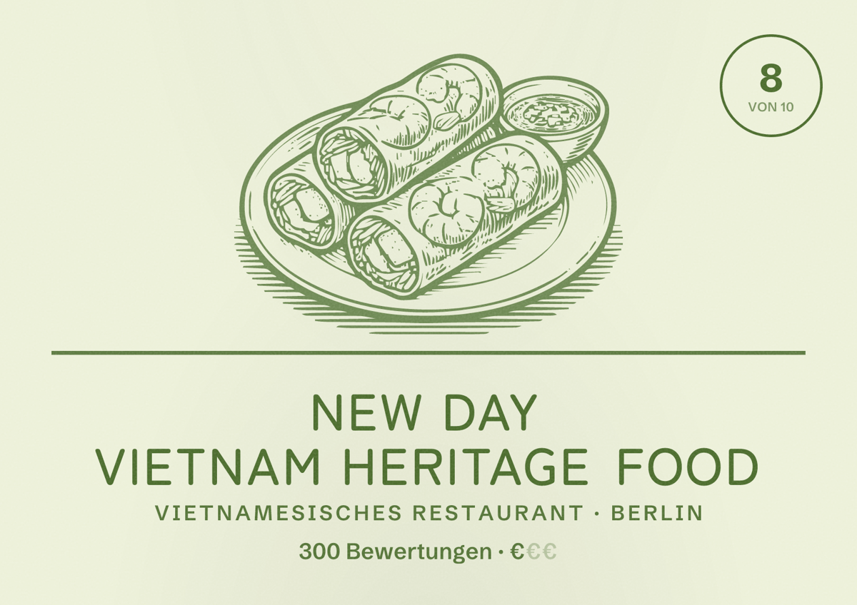 Illustriertes Poster von New Day Vietnam Heritage Food, Vietnamesisches Restaurant in Berlin: Bewertung 8,0 von 10 aus 300 Bewertungen, Preisniveau €