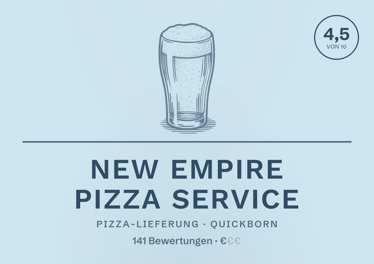 Illustriertes Poster von New Empire Pizza Service, Pizza-Lieferung in Quickborn: Bewertung 4,5 von 10 aus 141 Bewertungen, Preisniveau €