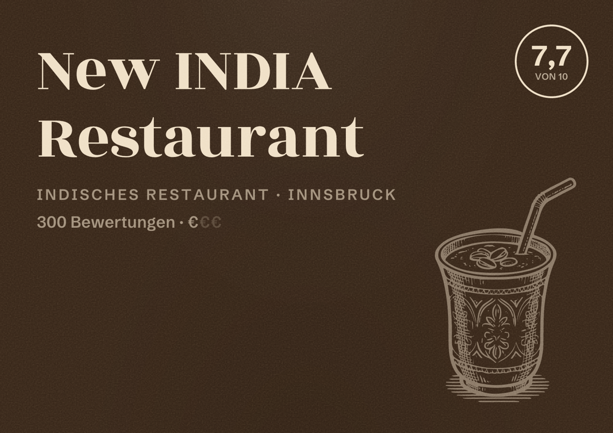 Illustriertes Poster von New INDIA Restaurant, Indisches Restaurant in Innsbruck: Bewertung 7,7 von 10 aus 300 Bewertungen, Preisniveau €
