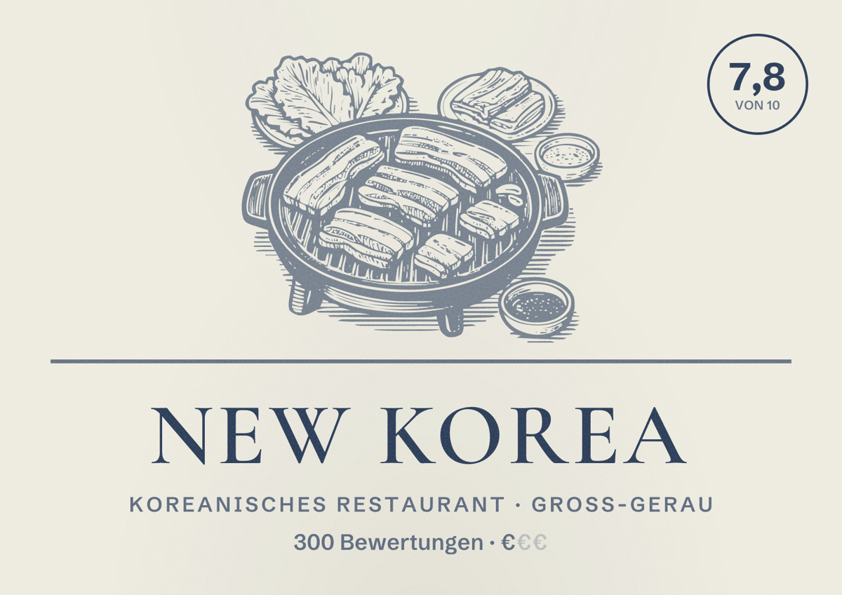 Illustriertes Poster von New Korea, Koreanisches Restaurant in Groß-Gerau: Bewertung 7,8 von 10 aus 300 Bewertungen, Preisniveau €