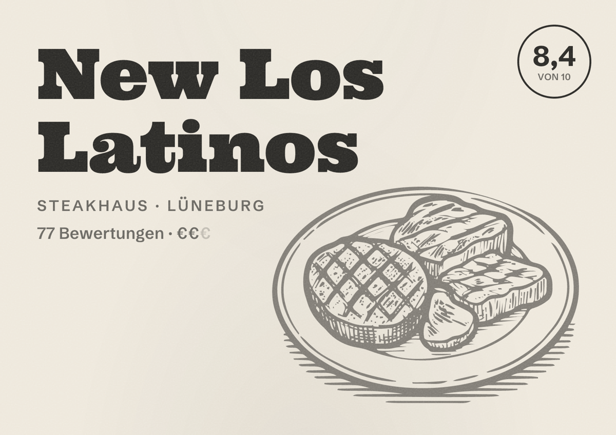 Illustriertes Poster von New Los Latinos, Steakhaus in Lüneburg: Bewertung 8,4 von 10 aus 77 Bewertungen, Preisniveau €€