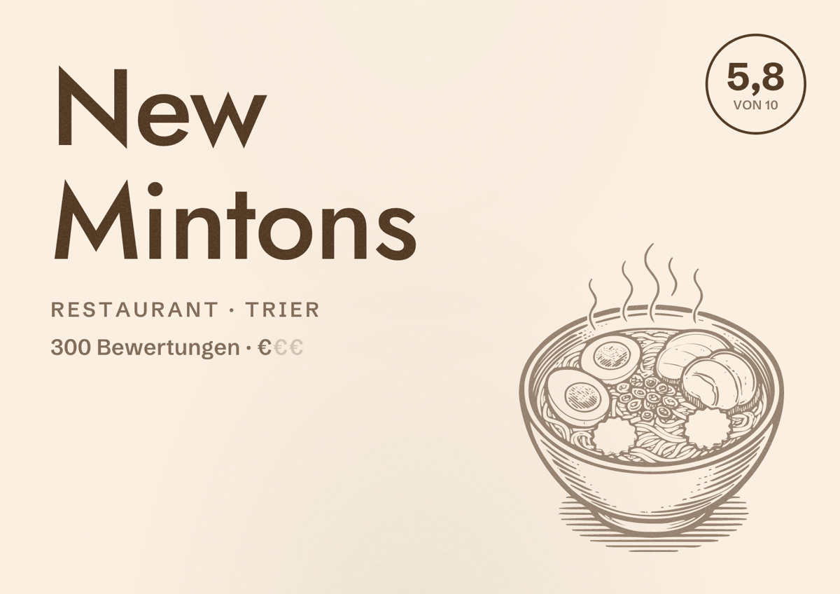 Illustriertes Poster von New Mintons, Restaurant in Trier: Bewertung 5,8 von 10 aus 300 Bewertungen, Preisniveau €