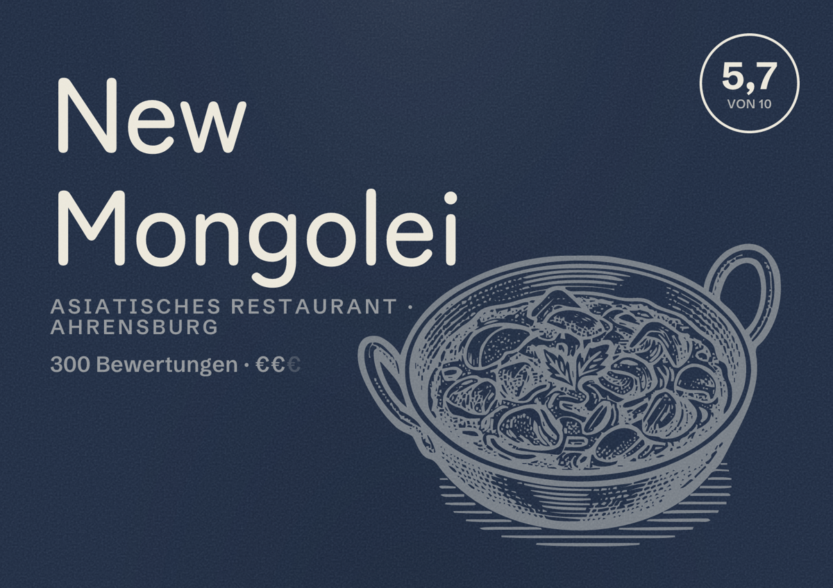 Illustriertes Poster von New Mongolei, Asiatisches Restaurant in Ahrensburg: Bewertung 5,7 von 10 aus 300 Bewertungen, Preisniveau €€