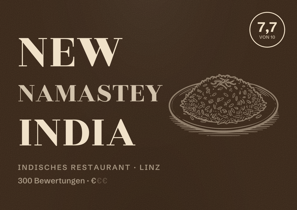 Illustriertes Poster von New Namastey India, Indisches Restaurant in Linz: Bewertung 7,7 von 10 aus 300 Bewertungen, Preisniveau €