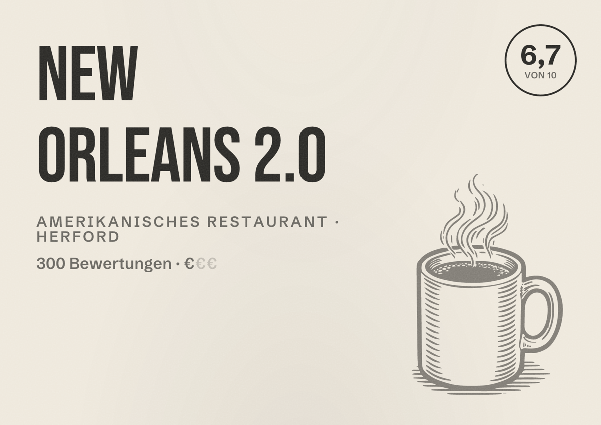 Illustriertes Poster von New Orleans 2.0, Amerikanisches Restaurant in Herford: Bewertung 6,7 von 10 aus 300 Bewertungen, Preisniveau €