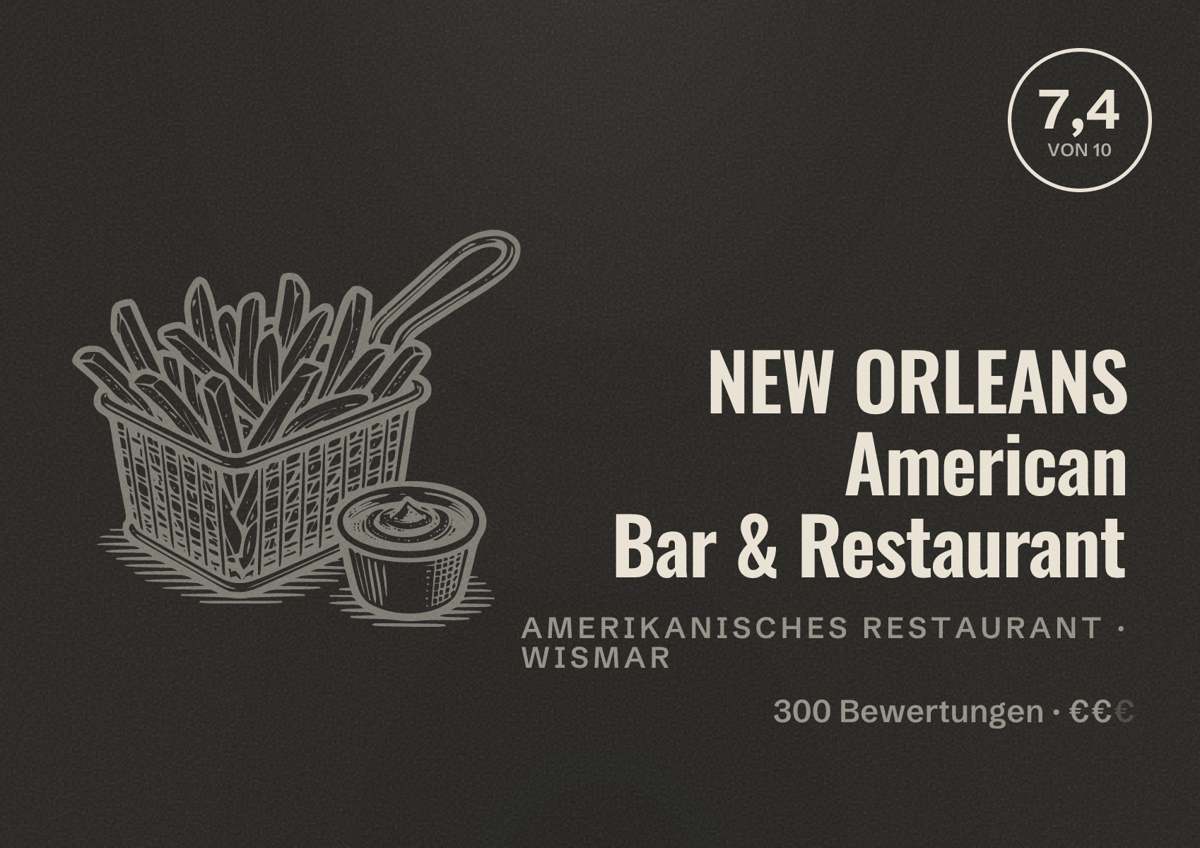 Illustriertes Poster von NEW ORLEANS American Bar & Restaurant, Amerikanisches Restaurant in Wismar: Bewertung 7,4 von 10 aus 300 Bewertungen, Preisniveau €€