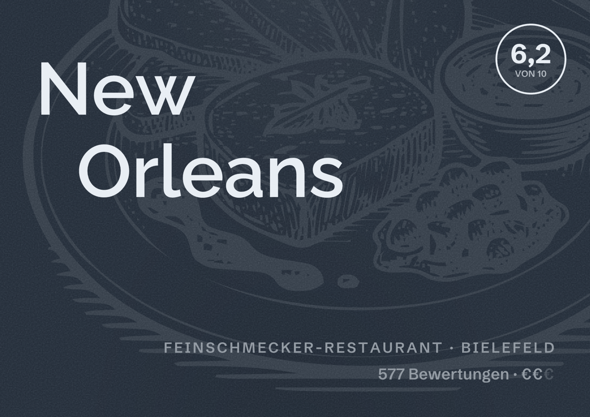 Illustriertes Poster von New Orleans, Feinschmecker-Restaurant in Bielefeld: Bewertung 6,2 von 10 aus 577 Bewertungen, Preisniveau €€