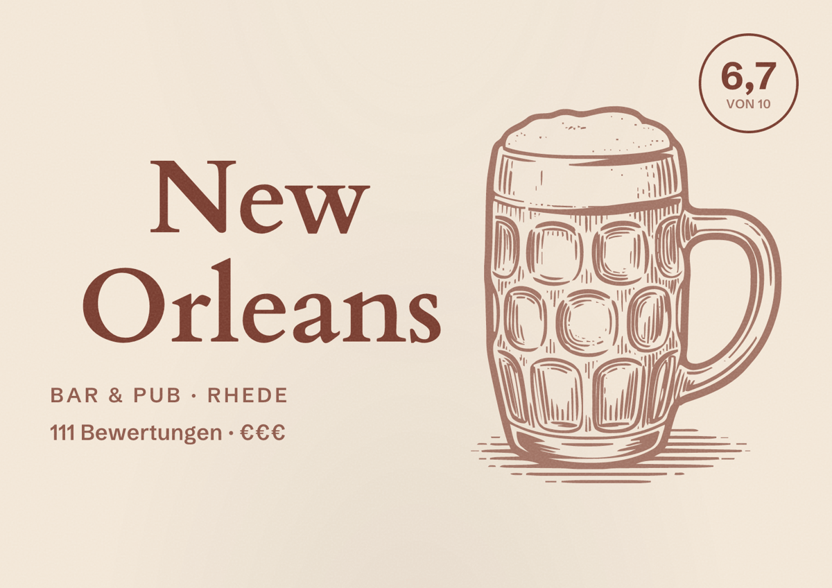 Illustriertes Poster von New Orleans, Bar & Pub in Rhede: Bewertung 6,7 von 10 aus 111 Bewertungen, Preisniveau €€€