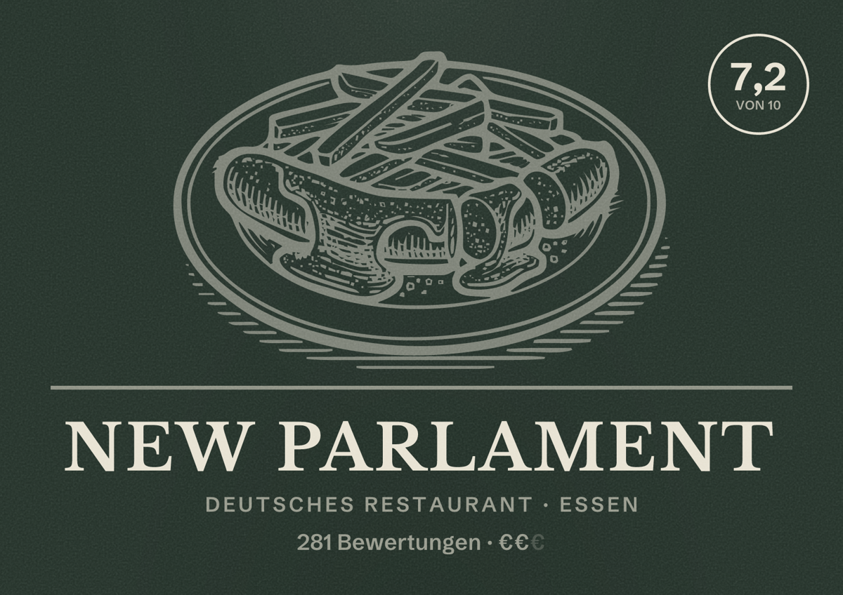 Illustriertes Poster von New Parlament, Deutsches Restaurant in Essen: Bewertung 7,2 von 10 aus 281 Bewertungen, Preisniveau €€