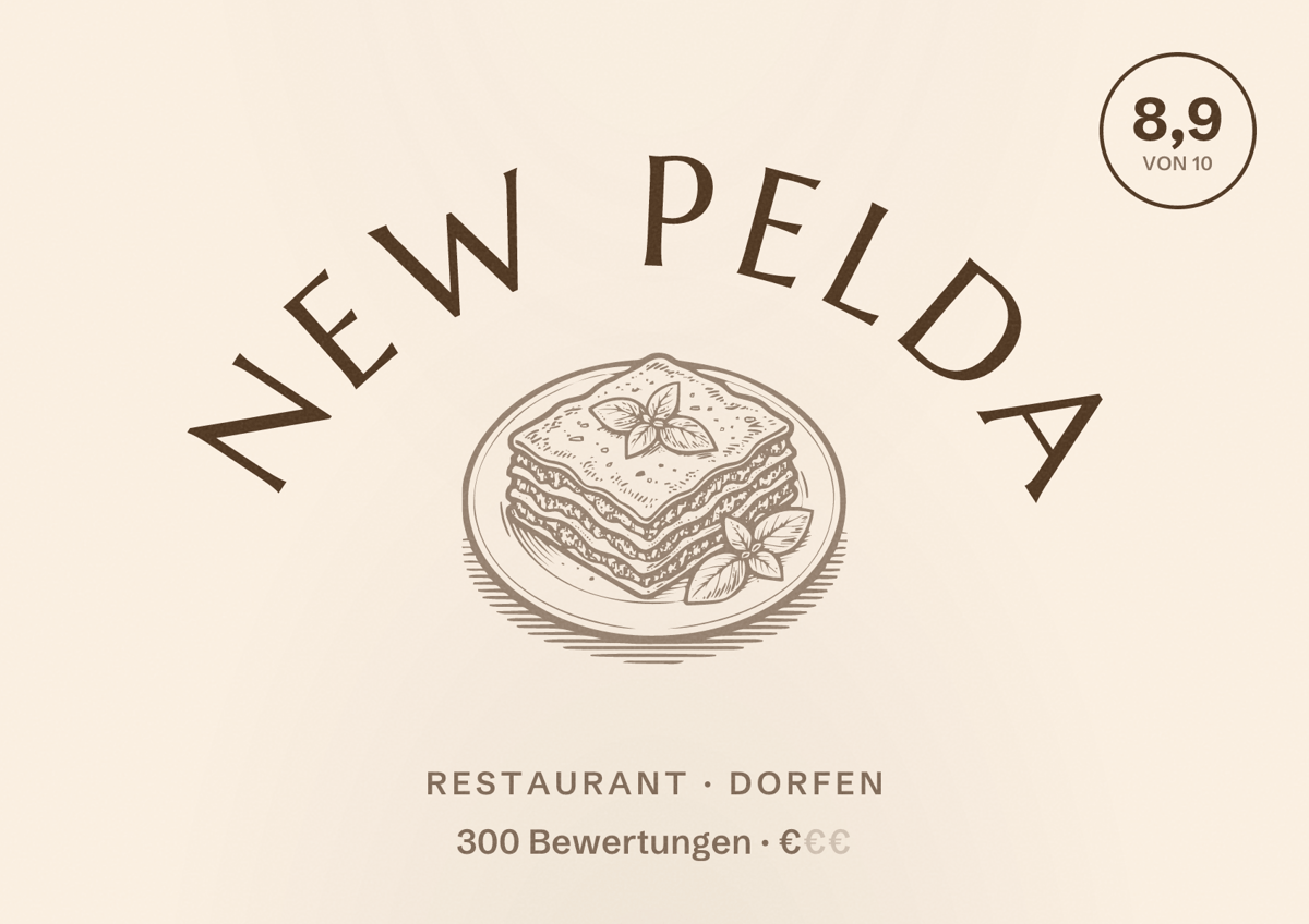 Illustriertes Poster von NEW PELDA, Restaurant in Dorfen: Bewertung 8,9 von 10 aus 300 Bewertungen, Preisniveau €