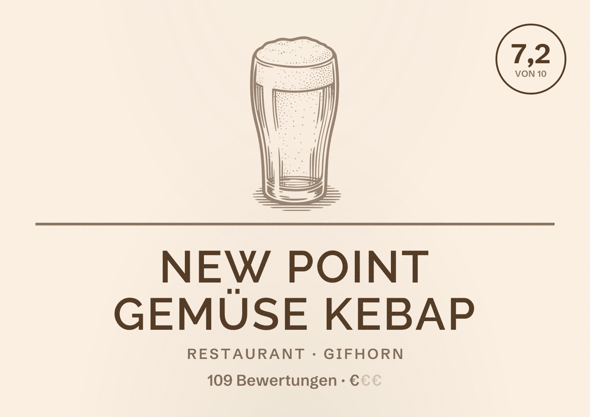 Illustriertes Poster von New Point Gemüse Kebap, Restaurant in Gifhorn: Bewertung 7,2 von 10 aus 109 Bewertungen, Preisniveau €