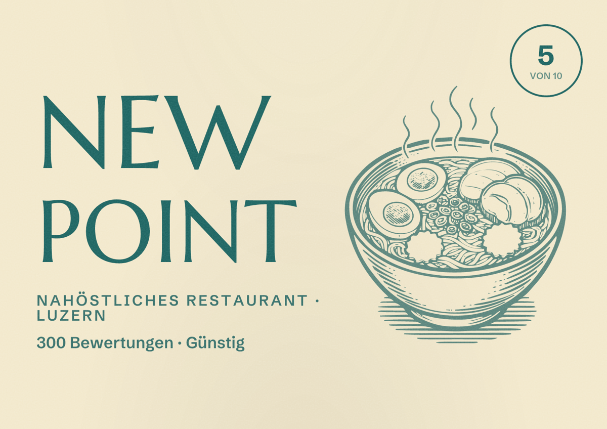 Illustriertes Poster von New Point, Nahöstliches Restaurant in Luzern: Bewertung 5 von 10 aus 300 Bewertungen, Preisniveau Günstig