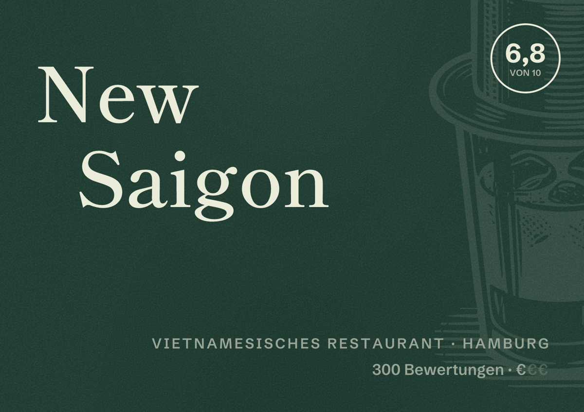 Illustriertes Poster von New Saigon, Vietnamesisches Restaurant in Hamburg: Bewertung 6,8 von 10 aus 300 Bewertungen, Preisniveau €