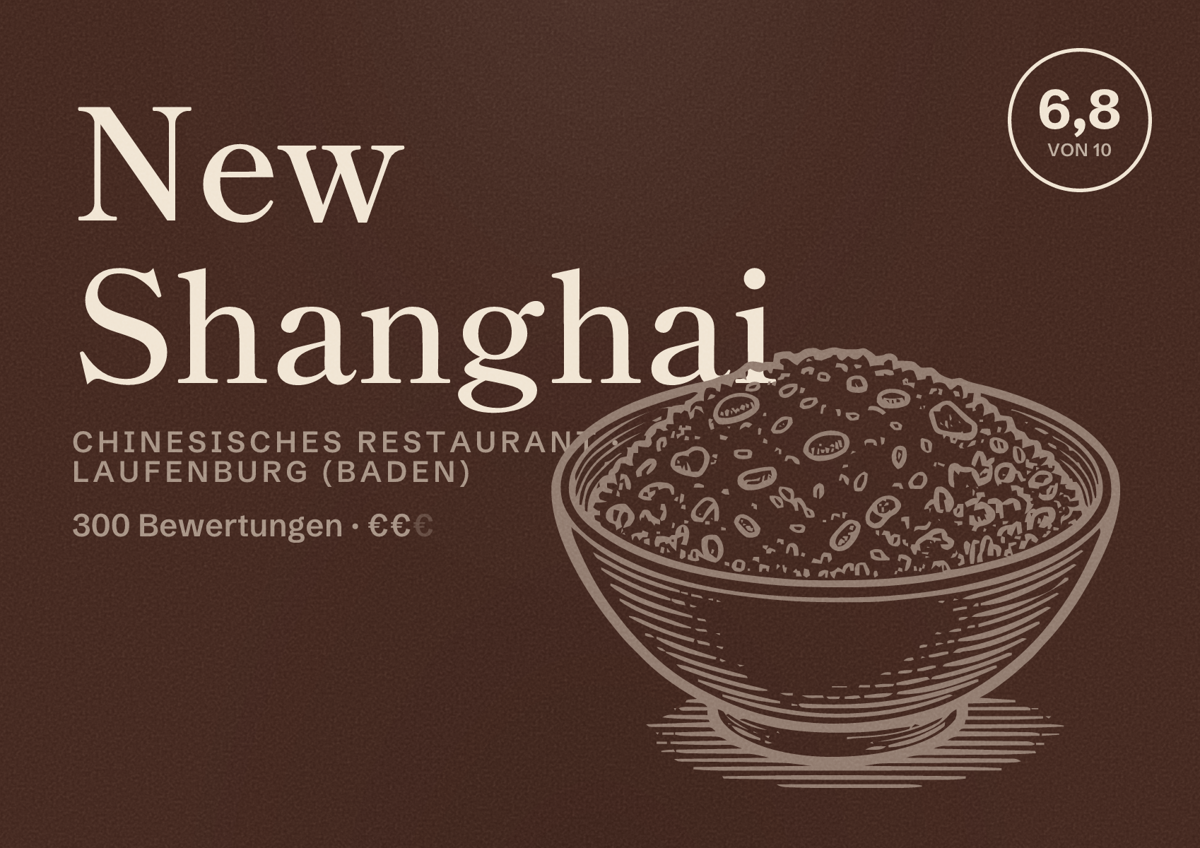 Illustriertes Poster von New Shanghai, Chinesisches Restaurant in Laufenburg (Baden): Bewertung 6,8 von 10 aus 300 Bewertungen, Preisniveau €€