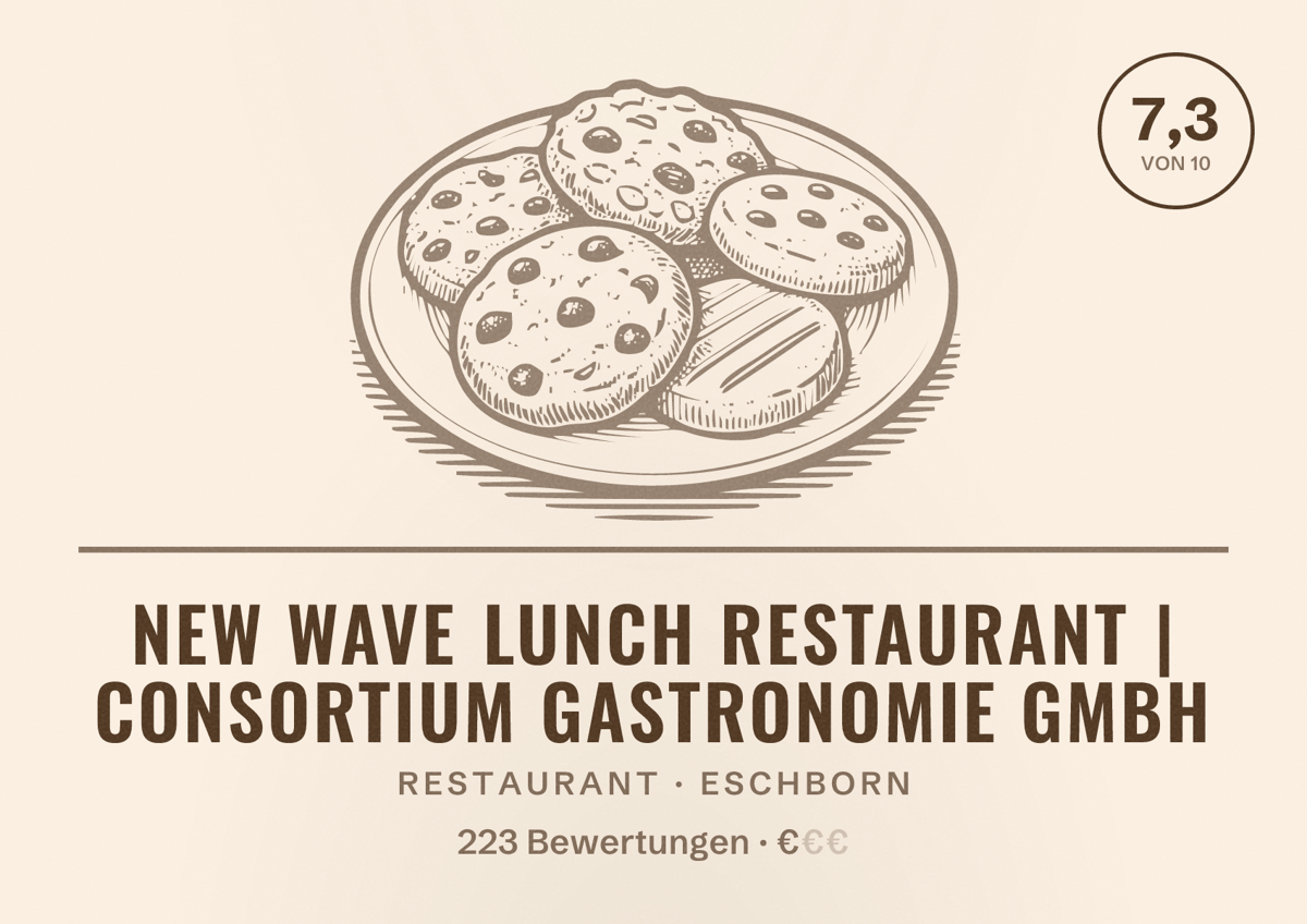 Illustriertes Poster von New Wave Lunch Restaurant | Consortium Gastronomie GmbH, Restaurant in Eschborn: Bewertung 7,3 von 10 aus 223 Bewertungen, Preisniveau €