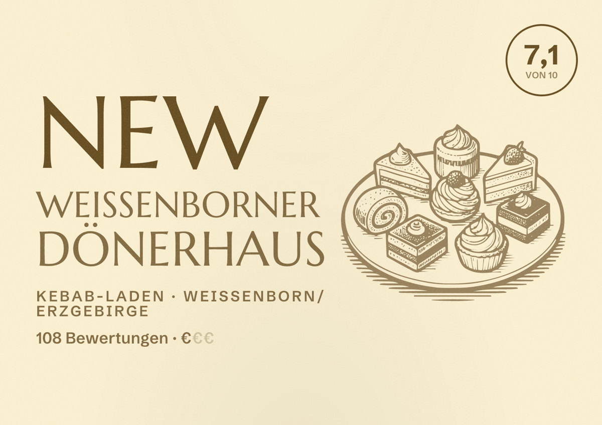 Illustriertes Poster von New Weißenborner Dönerhaus, Kebab-Laden in Weißenborn/Erzgebirge: Bewertung 7,1 von 10 aus 108 Bewertungen, Preisniveau €