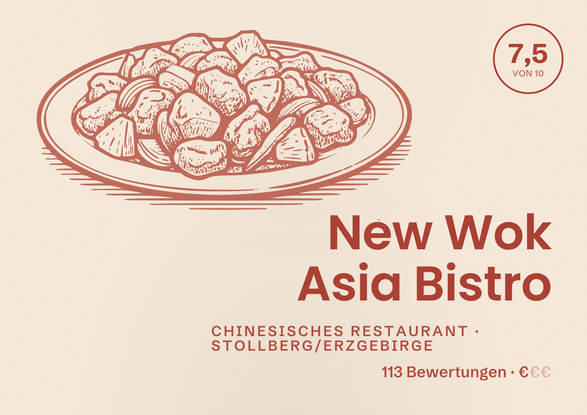 Illustriertes Poster von New Wok Asia Bistro, Chinesisches Restaurant in Stollberg/Erzgebirge: Bewertung 7,5 von 10 aus 113 Bewertungen, Preisniveau €