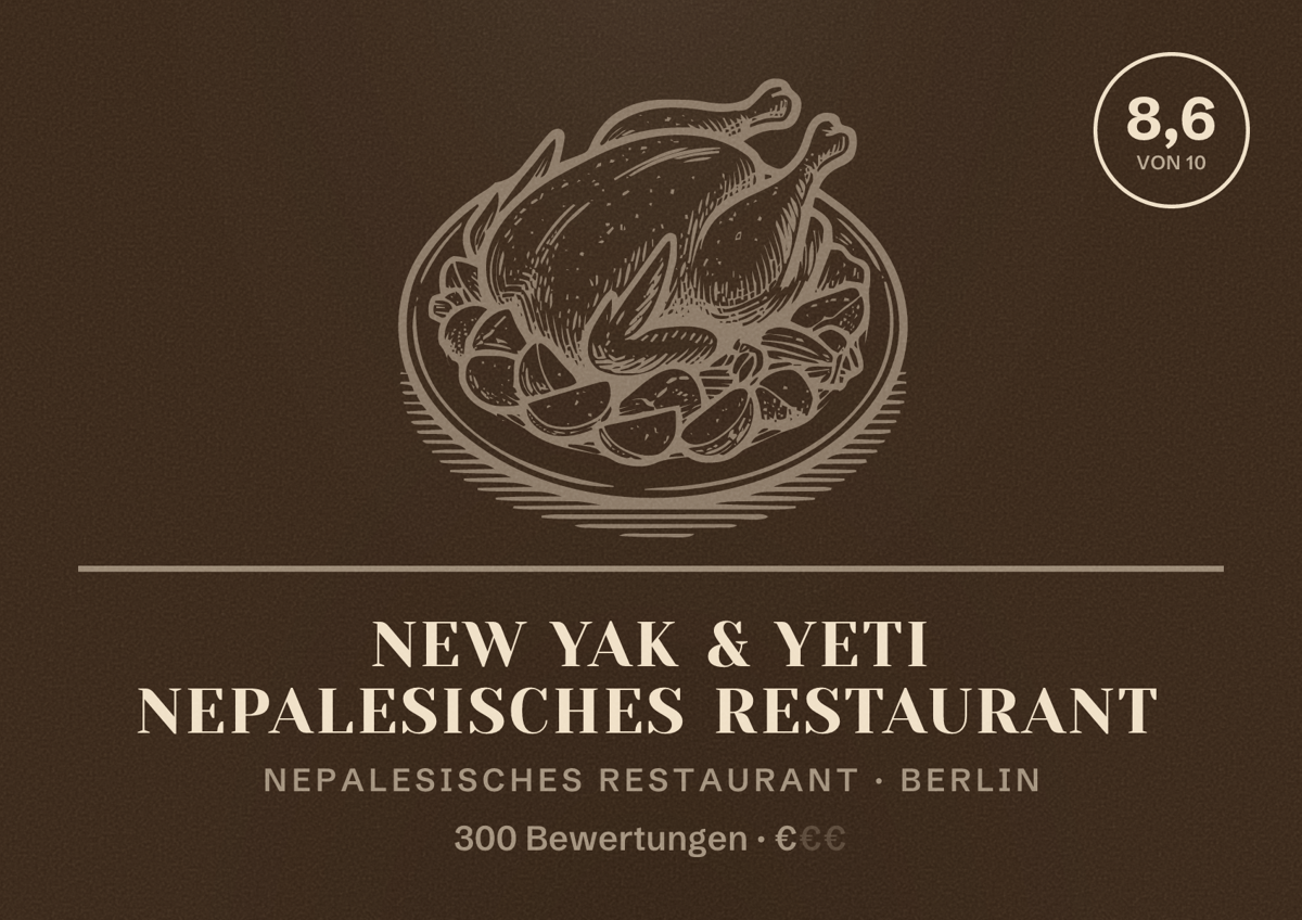 Illustriertes Poster von New Yak & Yeti Nepalesisches Restaurant, Nepalesisches Restaurant in Berlin: Bewertung 8,6 von 10 aus 300 Bewertungen, Preisniveau €
