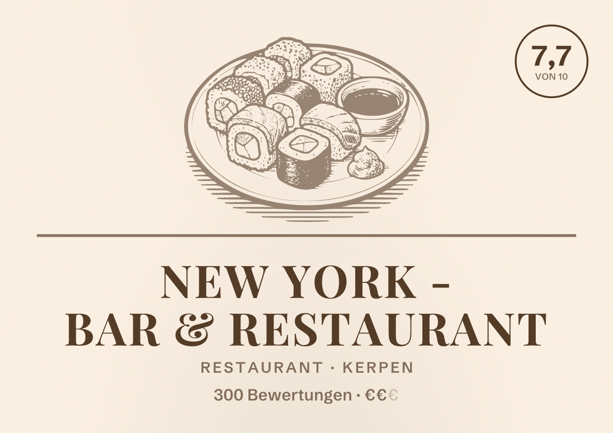Illustriertes Poster von New York - Bar & Restaurant, Restaurant in Kerpen: Bewertung 7,7 von 10 aus 300 Bewertungen, Preisniveau €€