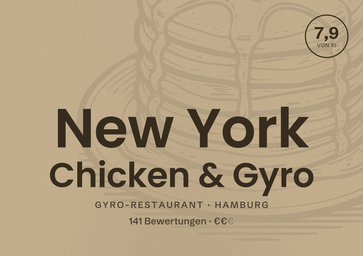 Illustriertes Poster von New York Chicken & Gyro, Gyro-Restaurant in Hamburg: Bewertung 7,9 von 10 aus 141 Bewertungen, Preisniveau €€