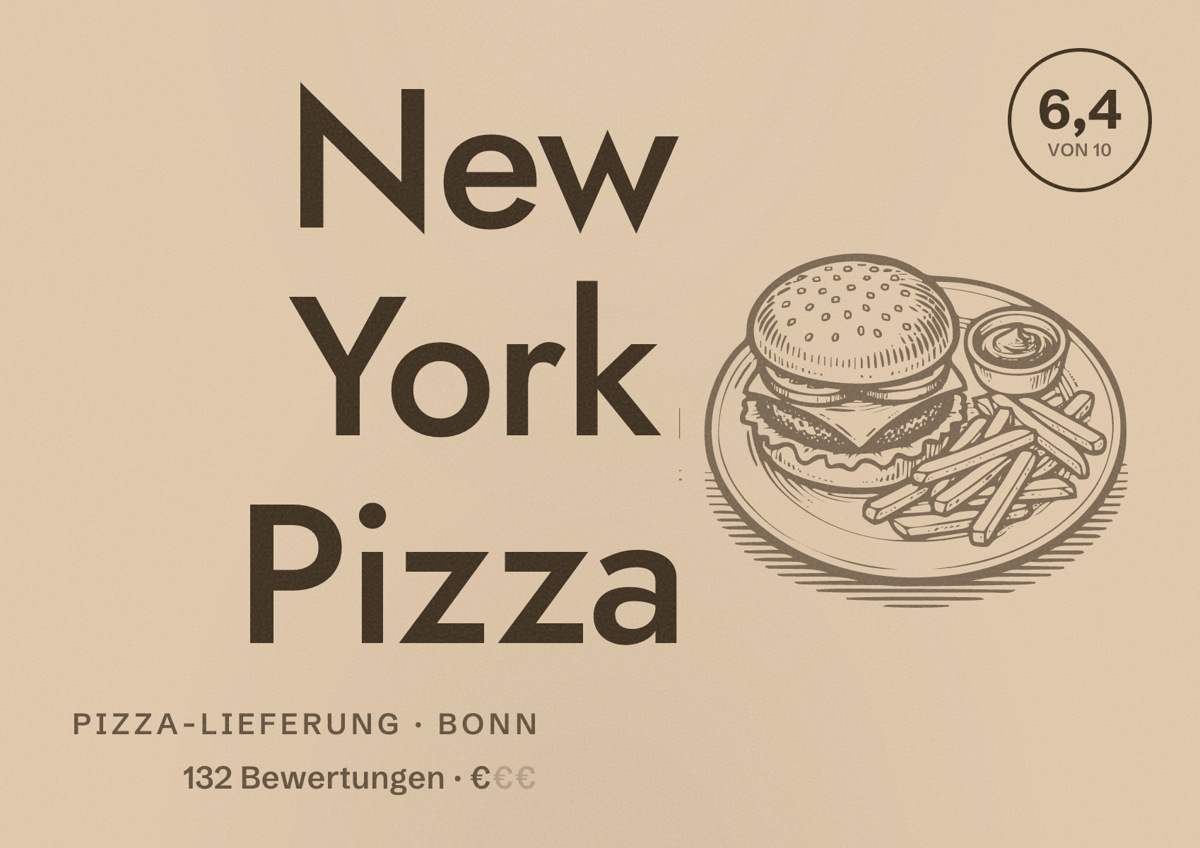Illustriertes Poster von New York Pizza, Pizza-Lieferung in Bonn: Bewertung 6,4 von 10 aus 132 Bewertungen, Preisniveau €