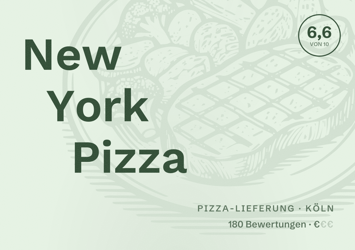 Illustriertes Poster von New York Pizza, Pizza-Lieferung in Köln: Bewertung 6,6 von 10 aus 180 Bewertungen, Preisniveau €