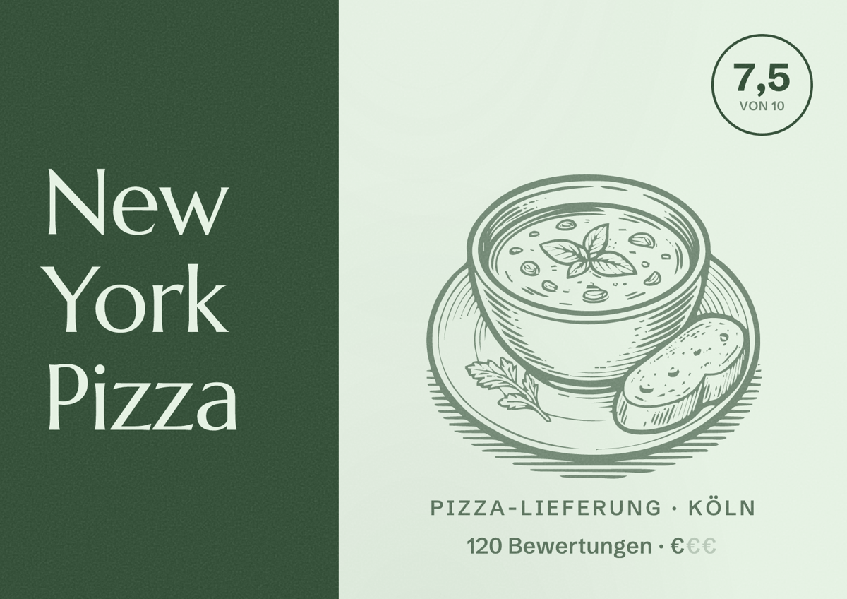 Illustriertes Poster von New York Pizza, Pizza-Lieferung in Köln: Bewertung 7,5 von 10 aus 120 Bewertungen, Preisniveau €