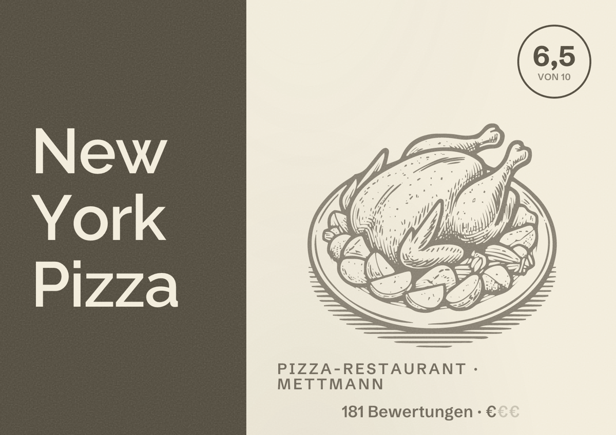 Illustriertes Poster von New York Pizza, Pizza-Restaurant in Mettmann: Bewertung 6,5 von 10 aus 181 Bewertungen, Preisniveau €