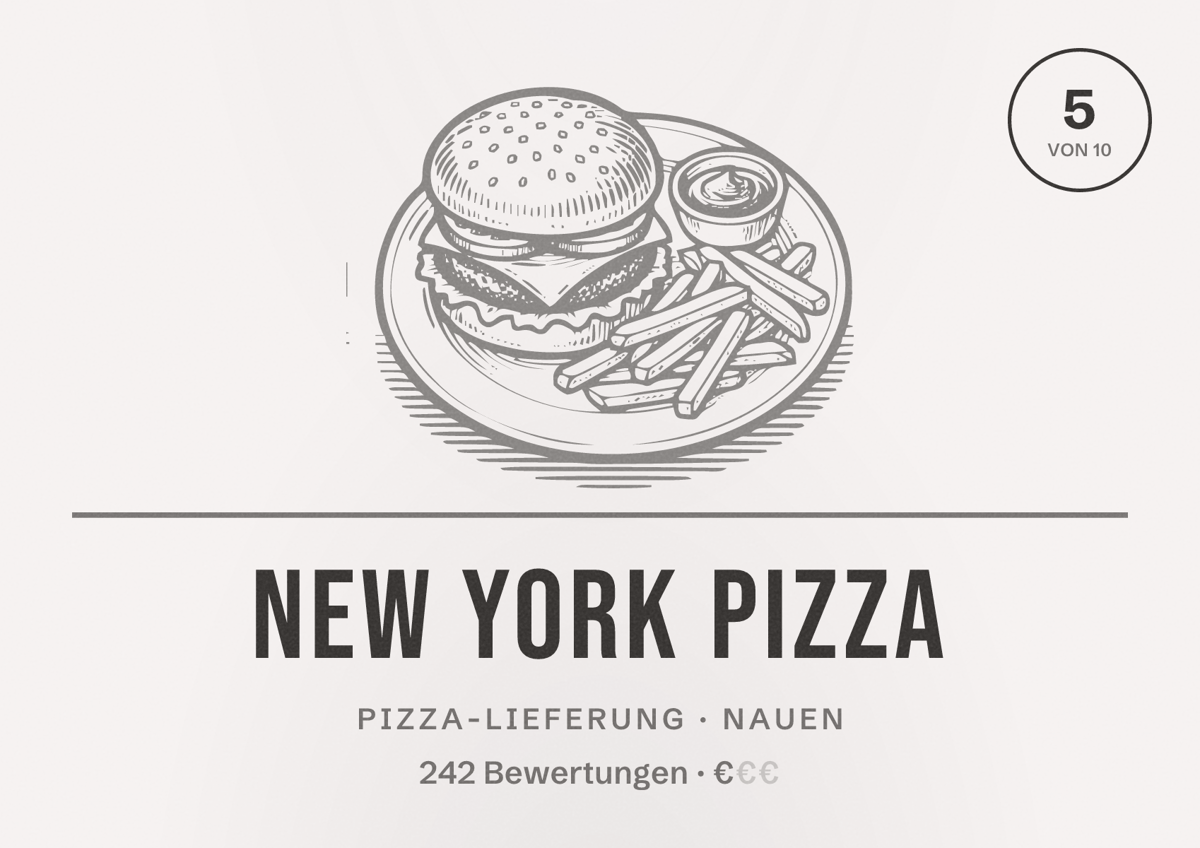 Illustriertes Poster von New York Pizza, Pizza-Lieferung in Nauen: Bewertung 5 von 10 aus 242 Bewertungen, Preisniveau €