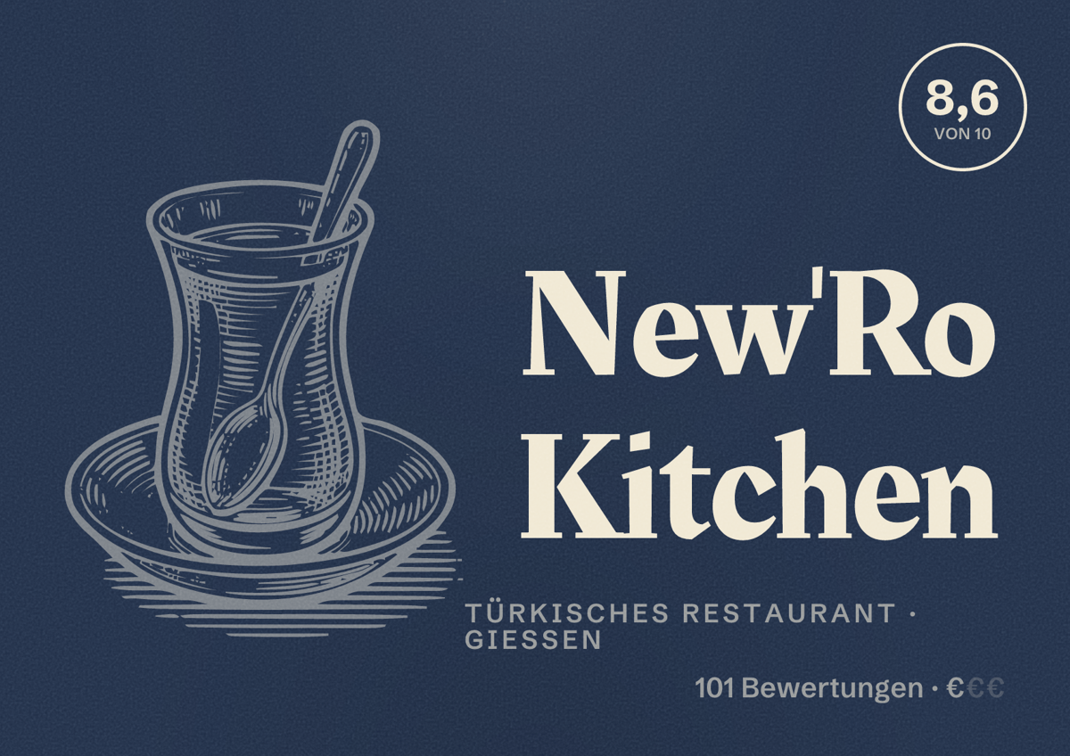 Illustriertes Poster von New'Ro Kitchen, Türkisches Restaurant in Gießen: Bewertung 8,6 von 10 aus 101 Bewertungen, Preisniveau €