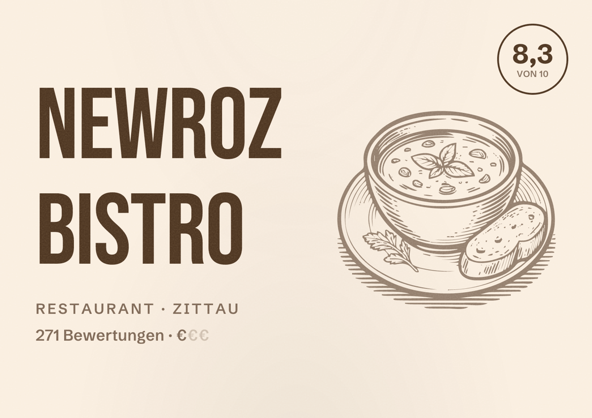 Illustriertes Poster von NEWROZ Bistro, Restaurant in Zittau: Bewertung 8,3 von 10 aus 271 Bewertungen, Preisniveau €