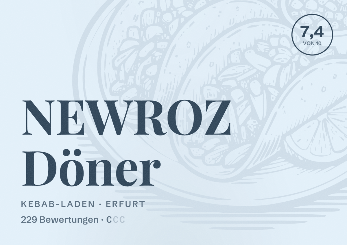 Illustriertes Poster von NEWROZ Döner, Kebab-Laden in Erfurt: Bewertung 7,4 von 10 aus 229 Bewertungen, Preisniveau €