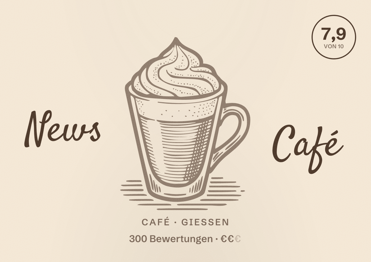 Illustriertes Poster von News Café, Café in Gießen: Bewertung 7,9 von 10 aus 300 Bewertungen, Preisniveau €€