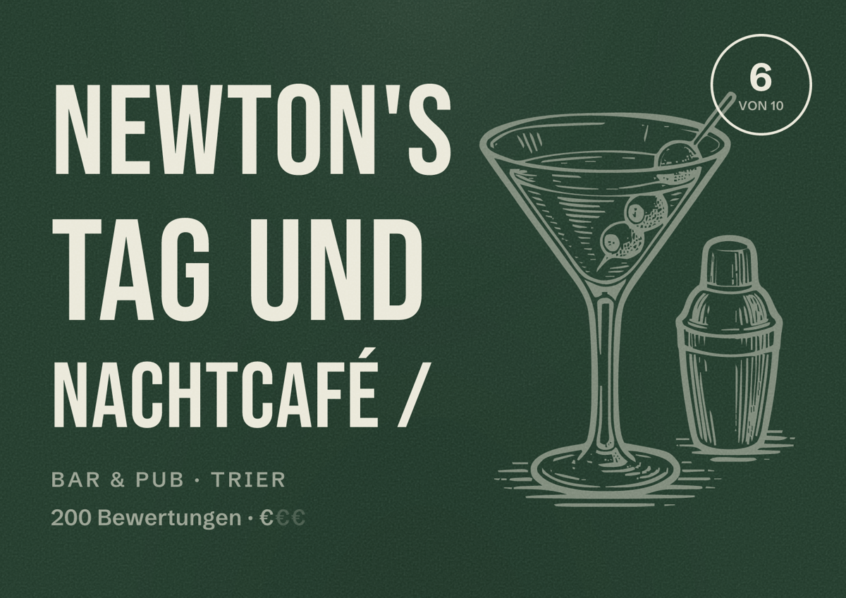 Illustriertes Poster von Newton's Tag und Nachtcafé /, Bar & Pub in Trier: Bewertung 6 von 10 aus 200 Bewertungen, Preisniveau €