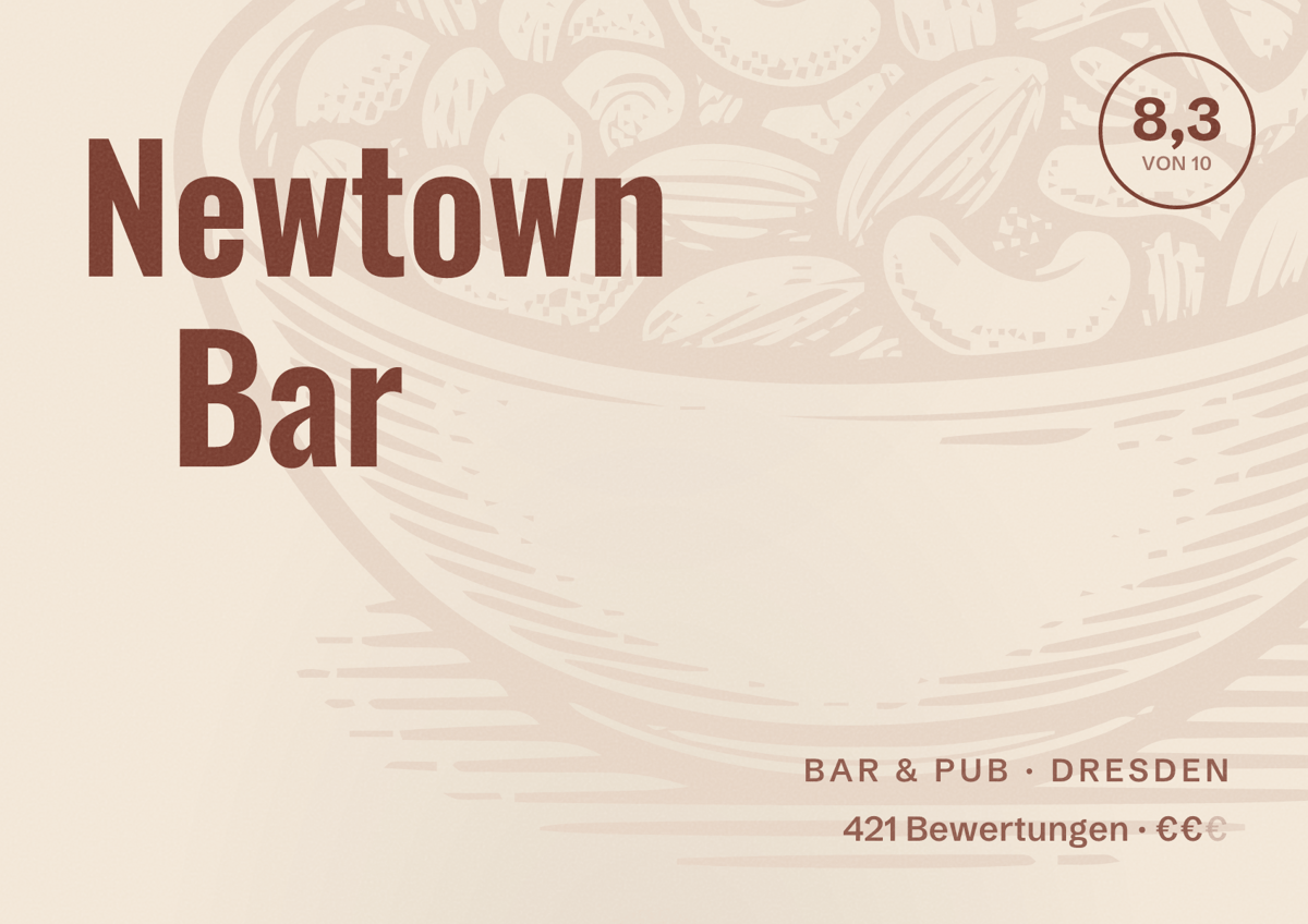 Illustriertes Poster von Newtown Bar, Bar & Pub in Dresden: Bewertung 8,3 von 10 aus 421 Bewertungen, Preisniveau €€