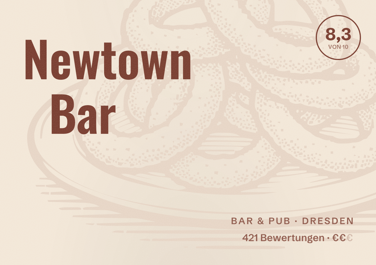 Illustriertes Poster von Newtown Bar, Bar & Pub in Dresden: Bewertung 8,3 von 10 aus 421 Bewertungen, Preisniveau €€
