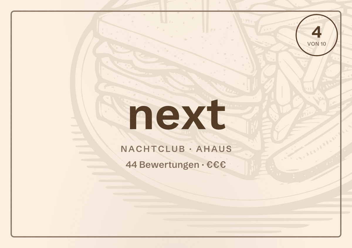 Illustriertes Poster von next, Nachtclub in Ahaus: Bewertung 4 von 10 aus 44 Bewertungen, Preisniveau €€€